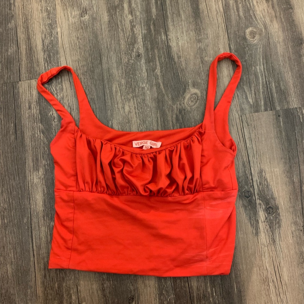 Red square neck crop top with ruching